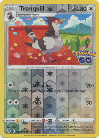 Tranquill 62/78 Reverse Holo | Pokémon GO | Pokemon Card