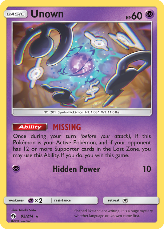 Unown 92/214 Rare | Lost Thunder | Pokemon Card