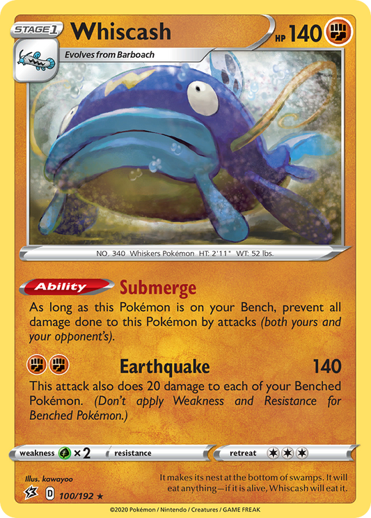 Whiscash 100/192 Rare | Rebel Clash | Pokemon Card