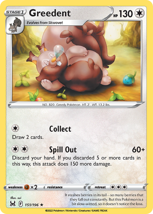 Greedent 151/196 Rare | Lost Origin | Pokemon Card