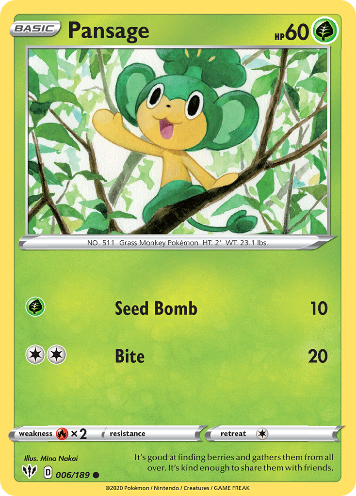 Pansage 6/189 Common | Darkness Ablaze | Pokemon Card