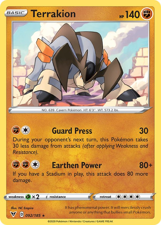 Terrakion 92/185 Rare | Vivid Voltage | Pokemon Card